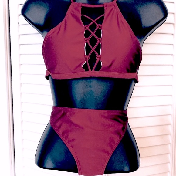 Bikini Top Halter Style Burgundy/Red Size X-small - Picture 2 of 8